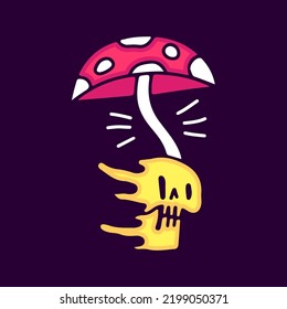 Trippy skull and magic mushroom cartoon, illustration for t-shirt, sticker, or apparel merchandise. With modern pop and vintage style.