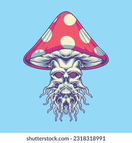 trippy skull magic mushroom illustration for tshirt design, logo, or stickers