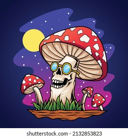 Trippy skull mushroom cartoon vector illustration
