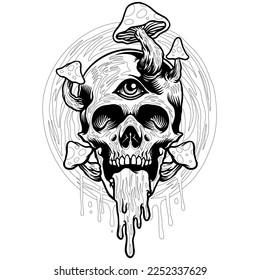 Trippy Skull mushroom hand draw vector coloring page 