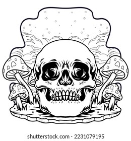 Trippy Skull Mushroom Vector Design coloring page 