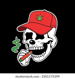 Trippy skull with red cap smoking weed. Cannabis skull concept art