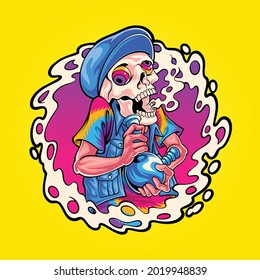 trippy skull smoking bong illustration