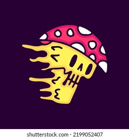 Trippy skull wearing magic mushroom hat cartoon, illustration for t-shirt, sticker, or apparel merchandise. With modern pop and vintage style.