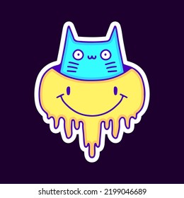 Trippy smile emoji face with cat inside cartoon, illustration for t-shirt, sticker, or apparel merchandise. With modern pop and retro style.