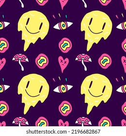 Trippy smile emoji face seamless pattern, illustration for background, or apparel merchandise. With modern pop and retro style.