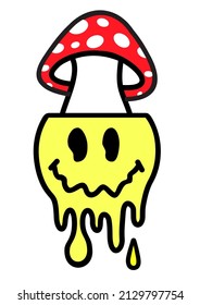 Trippy smile face,amanita mushroom.Vector  90s style cartoon character illustration.Isolated on white.Trippy smile smiley face, amanita mushroom concept. Psychedelic face for t-shirt, sticker, poster