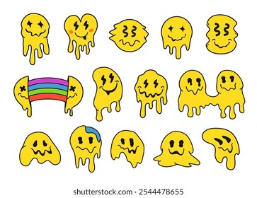 Trippy smile faces. Drippy melted emoji face, funny blob sticker and happy psychedelic facial expressions. Dripping smiles in retro acid rave aesthetic isolated vector illustration set.