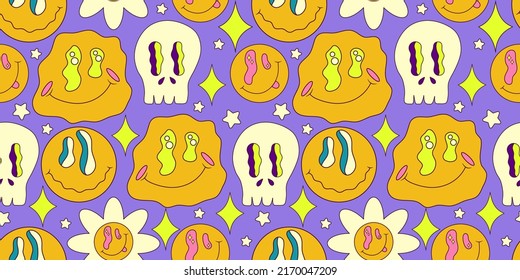 Trippy smile seamless pattern with daisy and skull. Psychedelic hippy groovy print. Good 60s, 70s, mood. Vector trippy illustration. Smile face seamless pattern y2k style.