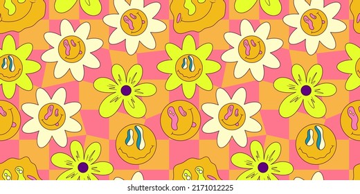 Trippy smile seamless pattern with daisy and checkerboard. Psychedelic hippy groovy print. Good 60s, 70s, mood. Vector trippy illustration. Smile face seamless pattern style