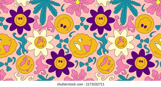 Trippy smile seamless pattern with daisy and cannabis. Psychedelic hippy groovy print. Good 60s, 70s, mood. Vector trippy illustration. Smile face seamless pattern y2k style