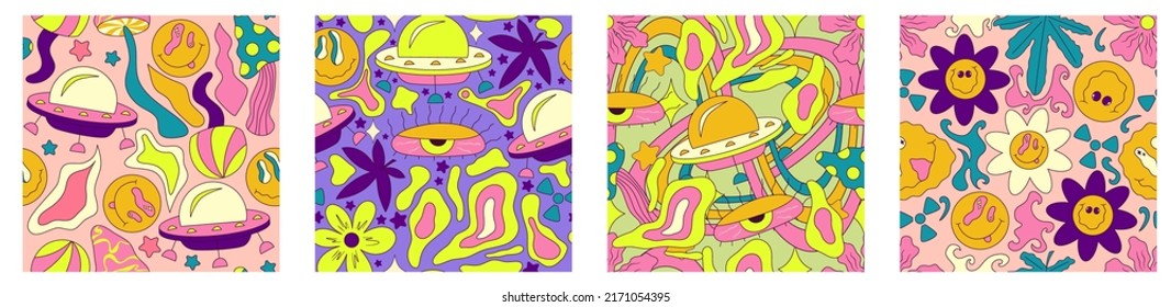 Trippy smile seamless pattern set with ufo, skull, daisy and rainbow. Psychedelic hippy groovy print. Good 60s, 70s, mood. Vector trippy crazy illustration. Smile face seamless pattern y2k style.