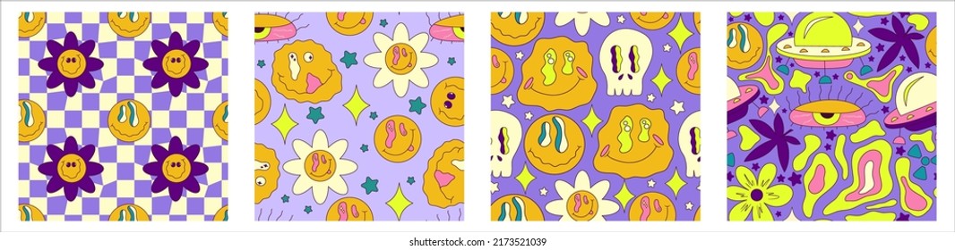 Trippy smile seamless pattern set with ufo, skull, daisy and rainbow. Psychedelic hippy groovy print. Good 60s, 70s, mood. Vector trippy crazy illustration. Smile face seamless pattern y2k style.