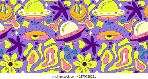 Trippy smile seamless pattern with ufo and cannabis. Psychedelic hippy groovy print. Good 60s, 70s, mood. Vector trippy crazy illustration. Smile face seamless pattern y2k style.