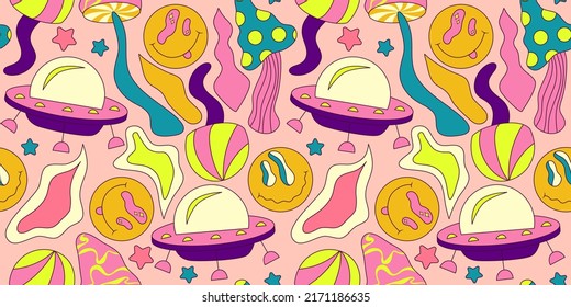 Trippy smile seamless pattern with ufo and mushrooms. Psychedelic hippy groovy print. Good 60s, 70s, mood. Vector trippy illustration. Smile face seamless pattern y2k style