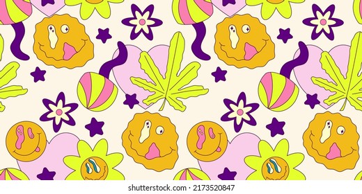 Trippy smile seamless pattern with ufo and mushrooms. Psychedelic hippy groovy print. Good 60s, 70s, mood. Vector trippy illustration. Smile face seamless pattern y2k style