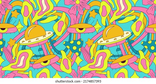 Trippy smile seamless pattern with ufo and mushrooms. Psychedelic hippy groovy print. Good 60s, 70s, mood. Vector trippy illustration. Smile face seamless pattern y2k style
