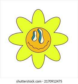 Sonrisa adormidera a la moda. Ilustración vectorial. Icono retro de caricatura con una sonrisa naranja trippy con fondo blanco. Flor de margarita con cara. Estilo retro y2k