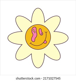 Sonrisa adormidera a la moda. Ilustración vectorial. Icono retro de caricatura con una sonrisa naranja trippy con fondo blanco. Flor de margarita con cara. Estilo retro y2k