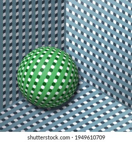 Trippy sphere moves in corner. Vector dizzy moving optical illusion.