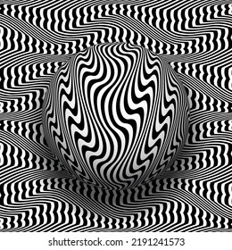 Trippy Sphere On Wavy Patterned Surface. Vector Black White Optical Art Illustration.