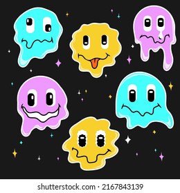 Trippy sticker set of melted smiley faces. Funny cartoon illustration. Comic element for poster, graphic tee print, bullet journal cover, card. Y2K aesthetic.