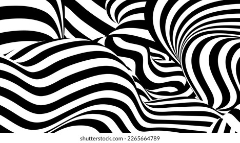 Trippy strip pattern. Horizontal background with black and white curved waves. Abstract optical illusion liquid shape. Ripple texture. Modern aesthetics of Swiss design wallpaper. Bauhaus vector art.