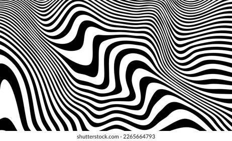 Trippy strip pattern. Horizontal background with black and white curved waves. Abstract optical illusion liquid shape. Ripple texture. Modern aesthetics of Swiss design wallpaper. Bauhaus vector art.