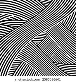 Trippy strip pattern. Horizontal background with black and white curved waves. Abstract optical illusion liquid shape. Ripple texture. Modern aesthetics of Swiss design wallpaper. Bauhaus vector art.