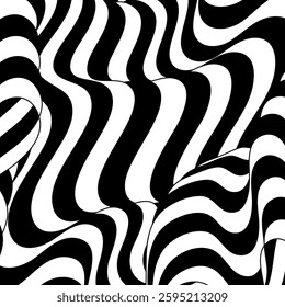 Trippy strip pattern. Horizontal background with black and white curved waves. Abstract optical illusion liquid shape. Ripple texture. Modern aesthetics of Swiss design wallpaper. Bauhaus vector art.