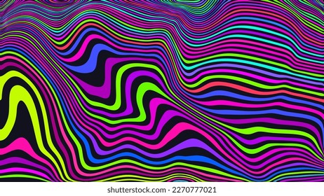 Patrón psicodélico de la tira de Trippy. Fondo ondulado de color neón. Papel de escritorio abstracto de Groovy. Impresión de textura líquida curvada. Ilustración de la línea del vector.