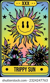 Trippy sun tarot card. Vintage tarot card. Holographic design