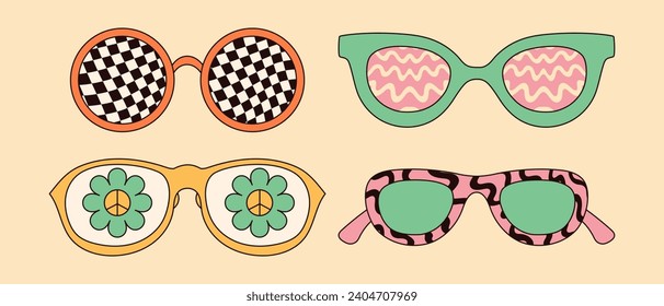 Trippy sunglasses with psychedelic designs. Vector graphics isolated on white background.