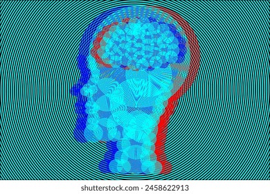 Cabeza con textura brillante. Espirales. Cerebro. 