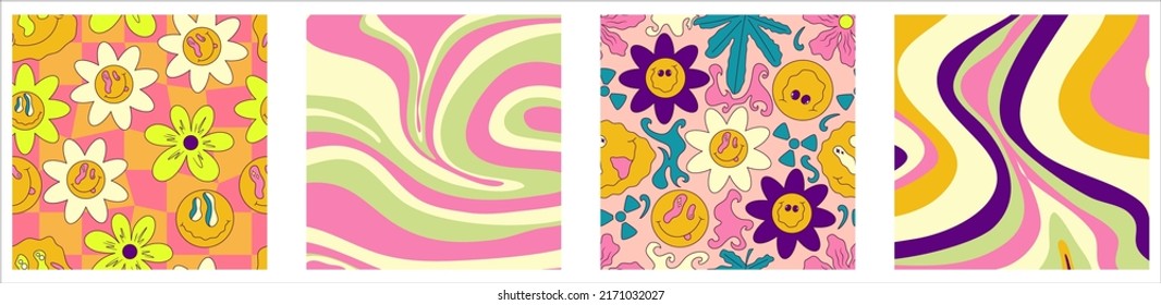 Trippy trendy background set Psychedelic design. y2k, 70s, hippie style. Abstract floral illustration. Vector illustration design. Psychedelic groovy wave.