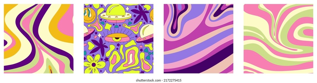 Trippy Trendy Background Set Psychedelic Design. Y2k, 70s, Hippie Style. Abstract Floral Illustration. Vector Illustration Design. Psychedelic Groovy Wave.