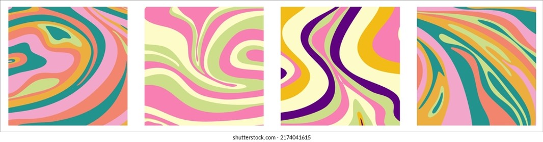 Trippy trendy background set Psychedelic design. y2k, 70s, hippie style. Abstract floral illustration. Vector illustration design. Psychedelic groovy wave.