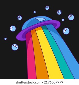 Trippy ufo poster. Hippy Psychedelic illustration in acid rave style. Vector illustration