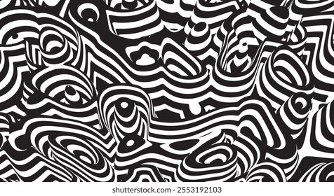 Trippy Waves Ripple Pattern. Black and white retro wave pattern reminding optical illusions