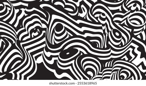 Trippy Waves Ripple Pattern. Black and white retro wave pattern reminding optical illusions