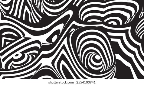 Trippy Waves Ripple Pattern. Black and white retro wave pattern reminding optical illusions