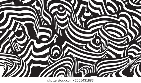 Trippy Waves Ripple Pattern. Black and white retro wave pattern reminding optical illusions