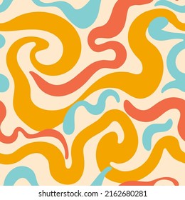 Trippy Wavy Swirly Seamless Pattern. Vector Abstract Retro 70s Groovy Background. Hippie endless pattern