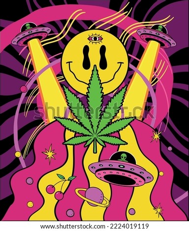 Trippy Weed Leaf in the space with spaceship, stars and planets, lsd journey in the galaxy. Aliens in the stars. Juicy weed. Juicy and Trippy. Cannabis design concept free vector