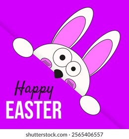 Trippy weird happy Easter Bunny. Happy Easter greeting postcard  cover template with crazy Bunny. Easter Bunny in cut out paper envelope. Typography overlay vector illustration  EPS  10