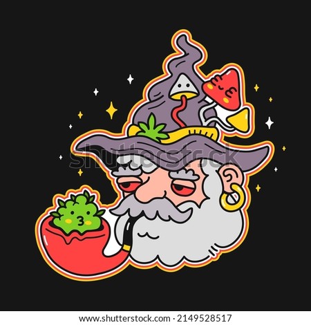 Trippy wizard smoke weed in pipe t shirt print.Vector doodle 70s style cartoon character logo illustration. Magic mushrooms,psychedelic,trippy,cannabis,weed print for logo,t shirt,tee,poster,sticker