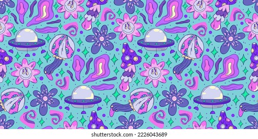 Trippy y2k seamless pattern with mushroom and ufo. Crazy flower abstract. Doodle vector seamless pattern. Magic alien trippy design.