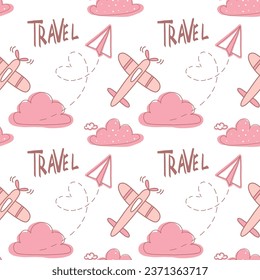 trips. endless vector pattern of airplanes, clouds and paper airplanes, heart shaped airplane trail