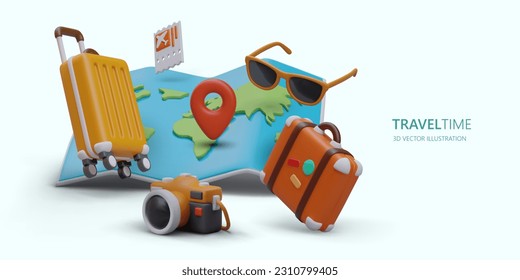 Trips and flights abroad. Vacation and business trips. Booking tickets for route with and without transfers. Color vector banner with 3D illustration. World map and travel accessories