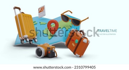 Trips and flights abroad. Vacation and business trips. Booking tickets for route with and without transfers. Color vector banner with 3D illustration. World map and travel accessories